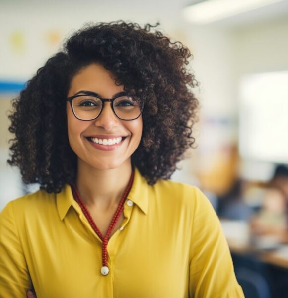 a smiling teacher in a classroom setting