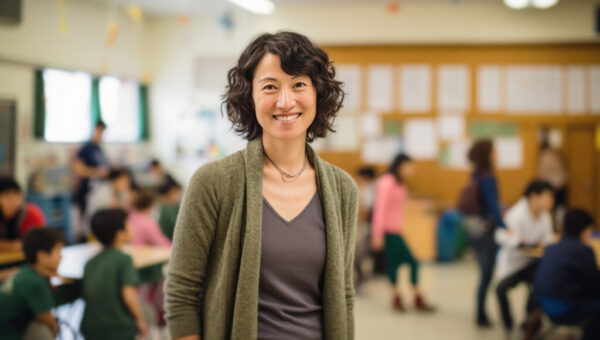 a smiling woman standing in a classroom
